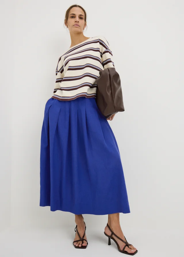 Blue Linen Blend Pleated Co Ord Midi Skirt