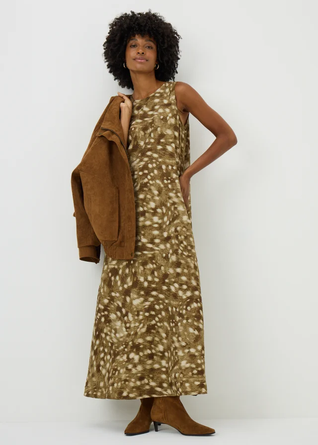 Khaki Animal Spot Print Trapeze Midaxi Dress