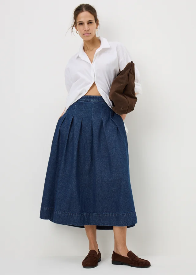Dark Wash Denim Pleated Midaxi Skirt