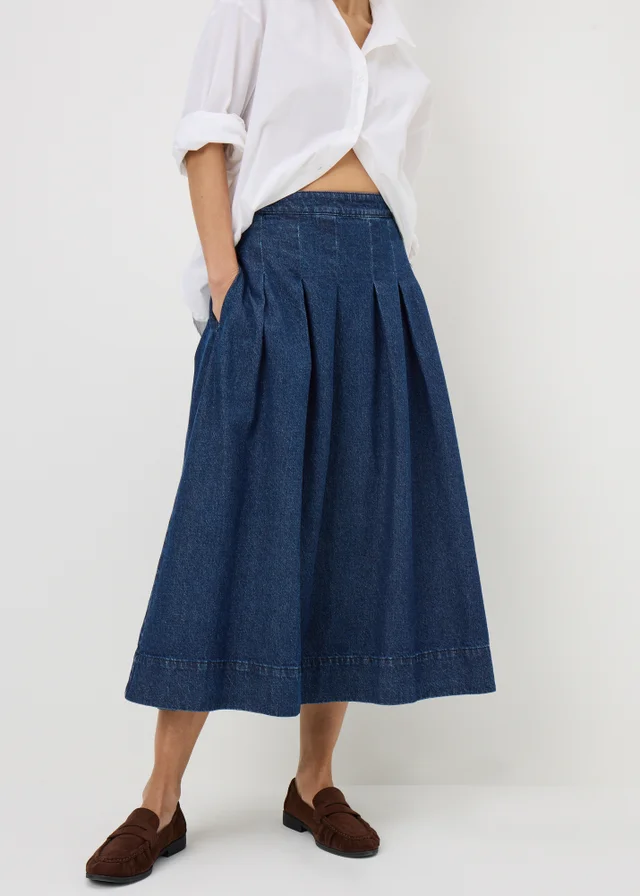Dark Wash Denim Pleated Midaxi Skirt
