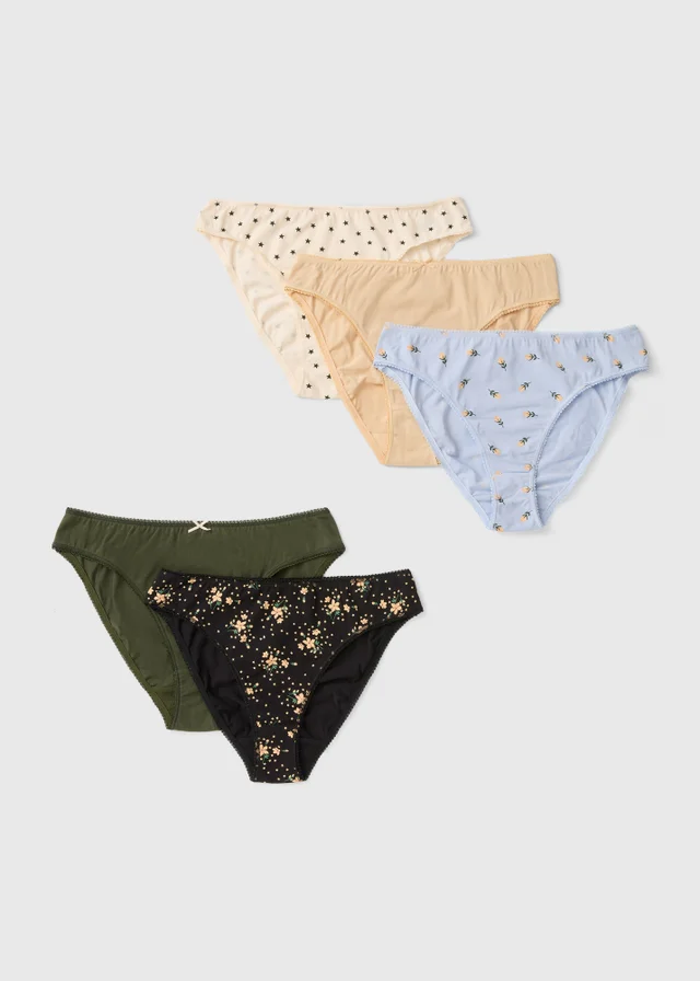 5 Pack Khaki/Blue Ditsy Knicker Set