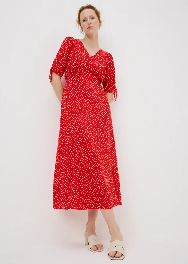 Red Ditsy Floral Midi Tea Dress