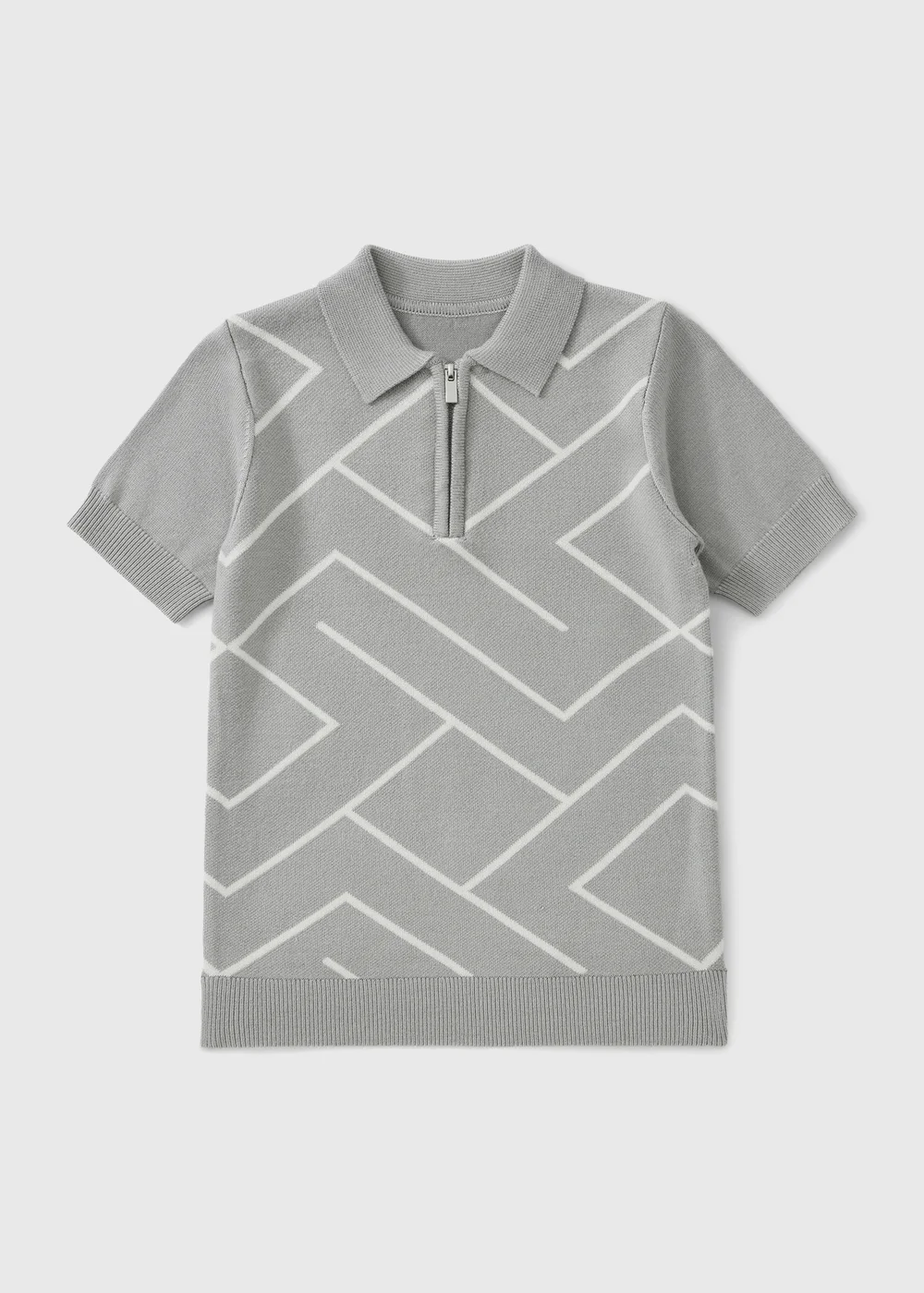 Boys Grey Knitted Geometric Print Polo Shirt (1-8 yrs) - 1-1.5 Yrs Image 1