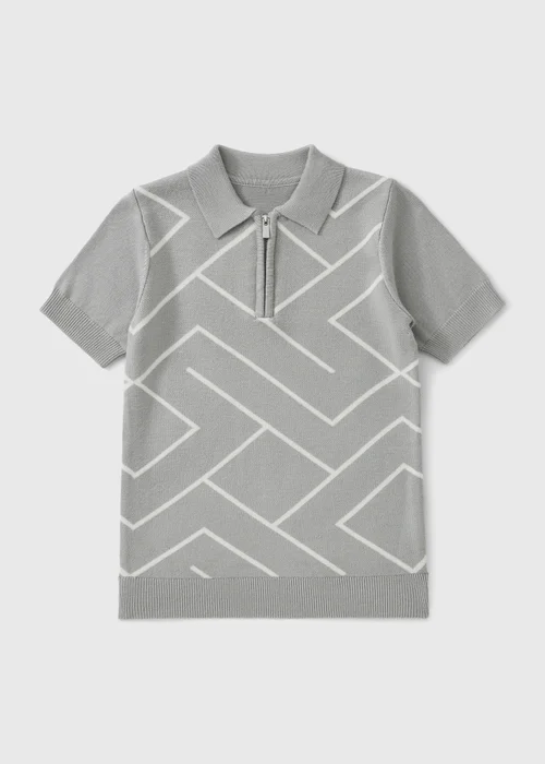 Boys Grey Knitted Geometric Print Polo Shirt (1-8 yrs) - 1-1.5 Yrs Image 1