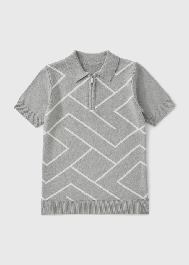 Boys Grey Knitted Geometric Print Polo Shirt (1-8 yrs)