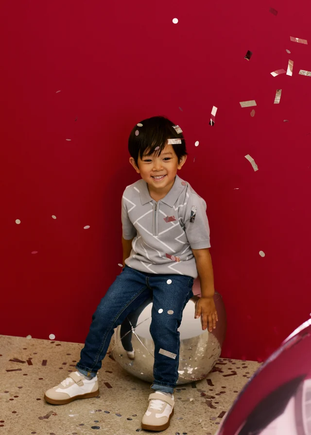 Boys Grey Knitted Geometric Print Polo Shirt (1-8 yrs)
