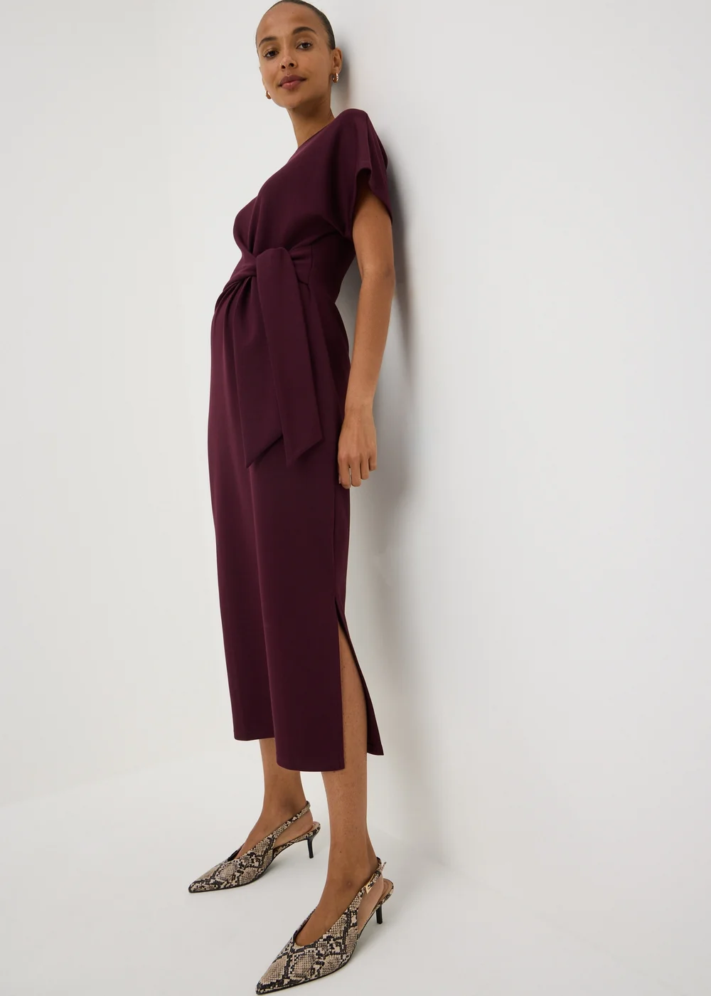 Wine Scuba Tie Waist Midi Dress - 22 Image 1