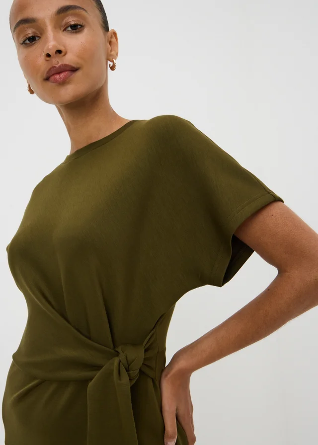 Khaki Scuba Tie Waist Midi Dress