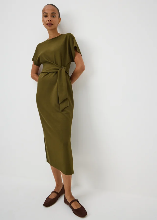 Khaki Scuba Tie Waist Midi Dress