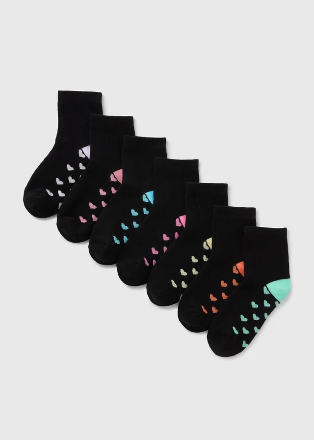 7 Pack Girls Black Heart Ankle Socks (Younger 4 - Older 12)