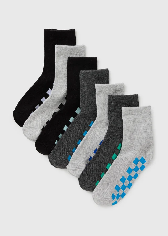 7 Pack Boys Grey Checked Ankle Socks (Younger 6-Older 6.5)