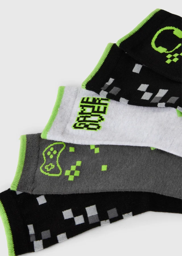 5 Pack Boys Grey Gamer Crew Socks (Younger 6-Older 6.5)