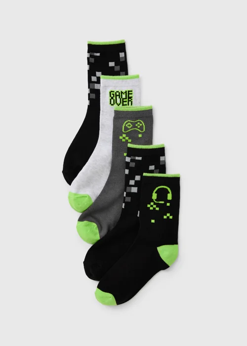 5 Pack Boys Grey Gamer Crew Socks (Younger 6-Older 6.5) - Sizes 9-12 Image 1