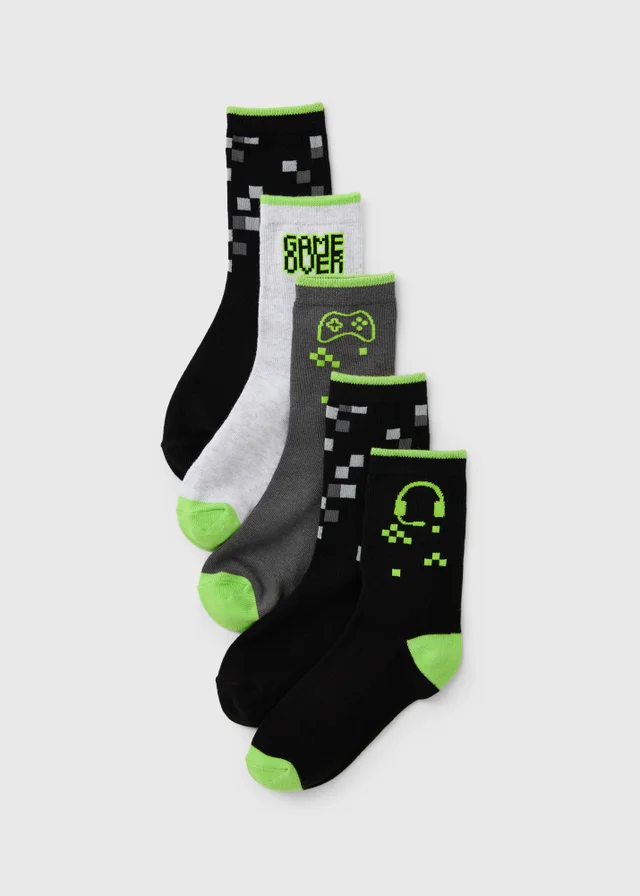 5 Pack Boys Grey Gamer Crew Socks (Younger 6-Older 6.5)