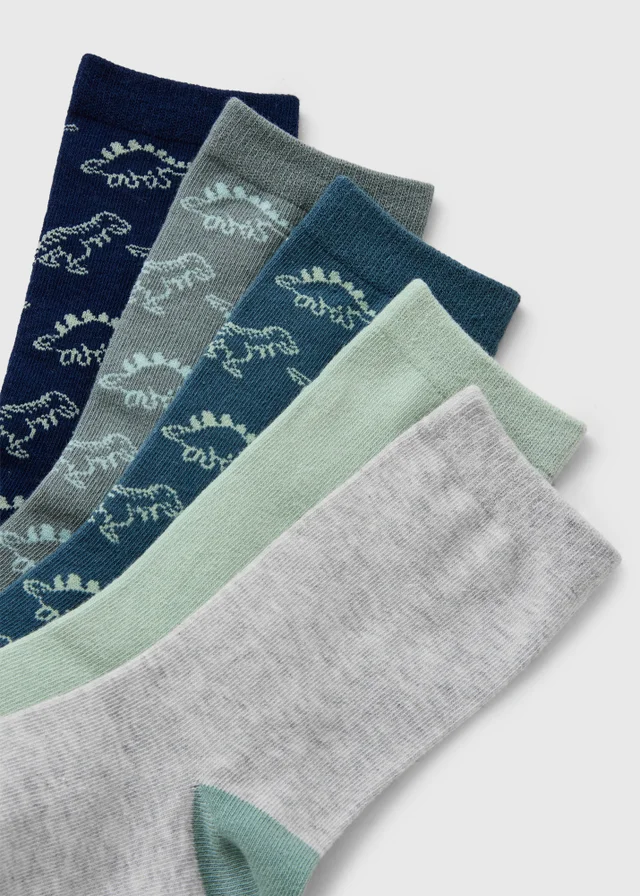 5 Pack Boys Green Dino Crew Socks (Younger 6-Older 6.5)