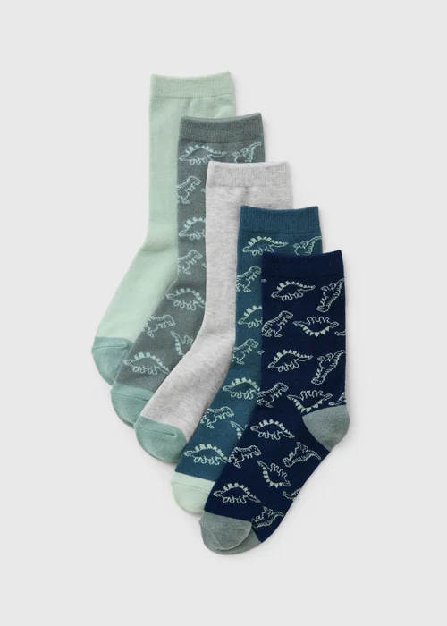 5 Pack Boys Green Dino Crew Socks (Younger 6-Older 6.5) - 12.5-3.5 Image 1