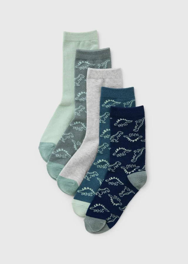 5 Pack Boys Green Dino Crew Socks (Younger 6-Older 6.5)