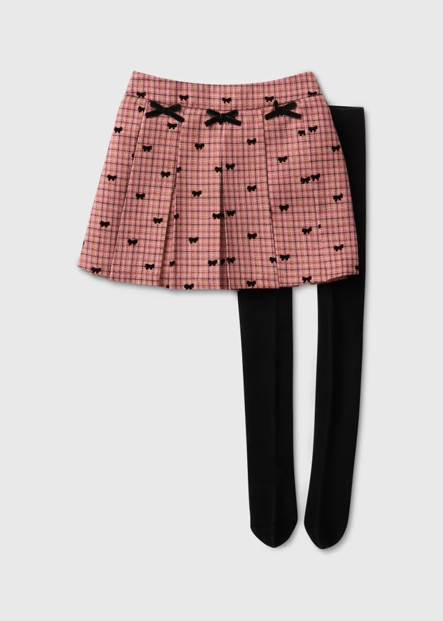 Girls Pink Check Bow Skort with Tights( 1-8 Yrs)
