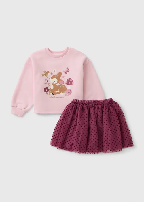 Girls Pink Sweatshirt & Burgundy Tulle Skirt Set (1-7yrs) - 2-3 Yrs Image 1