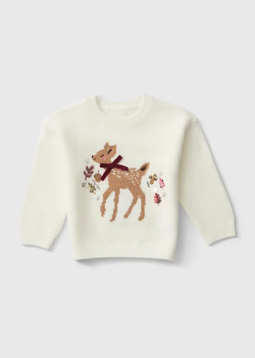 Girls Cream Deer Knitted Jumper (1-8yrs) - 1-1.5 Yrs Image 1