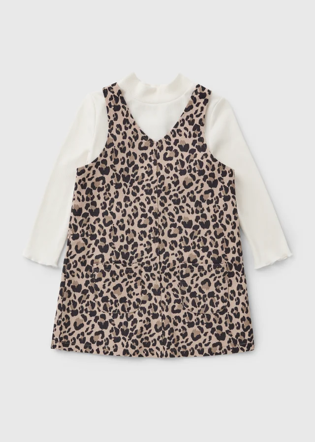 Girls 2 Piece Brown Leopard Pinafore Dress (1-7 Yrs)