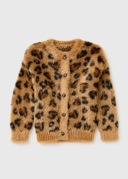 Girls Brown Leopard Fluffy Cardigan (1-7yrs) - 1-1.5 Yrs Image 1