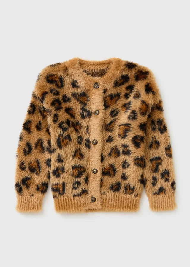 Girls Brown Leopard Fluffy Cardigan (1-7yrs)