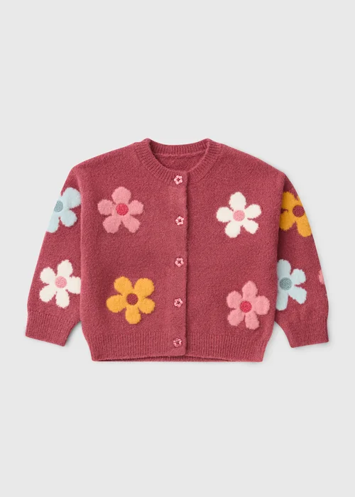Girls Burgundy Floral Knit Cardigan (1-7yrs) - 1-1.5 Yrs Image 1