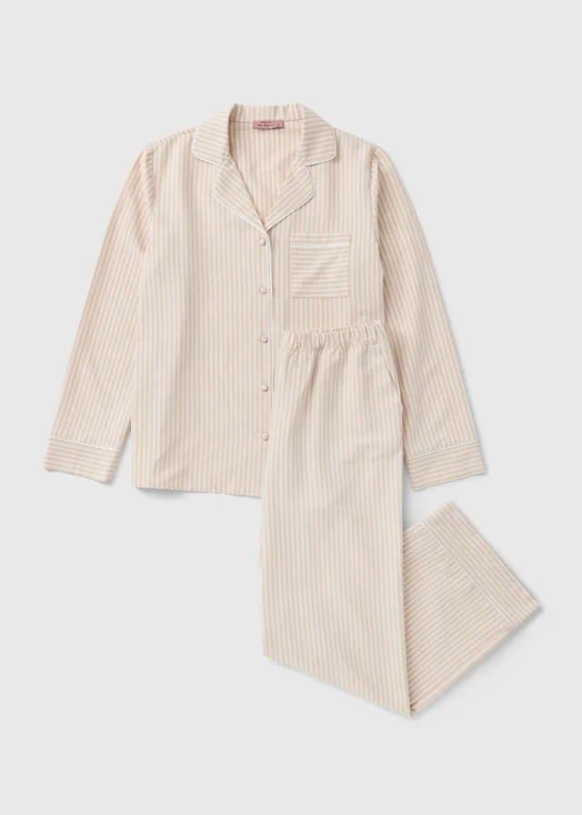 Beige Striped Button Up Pyjama Set