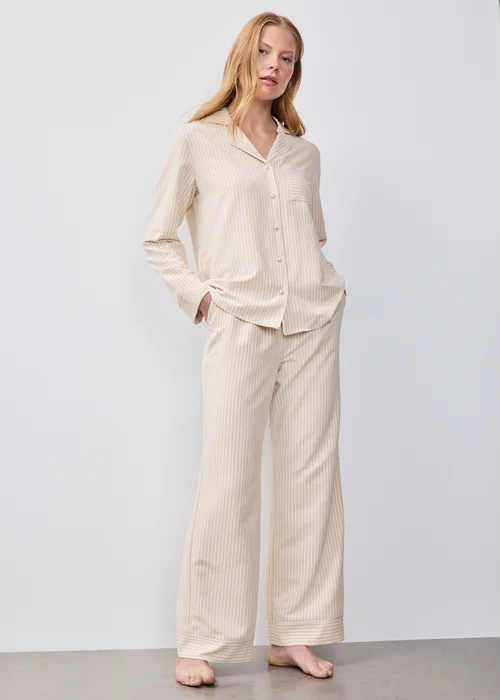 Beige Striped Button Up Pyjama Set - 8 Image 1