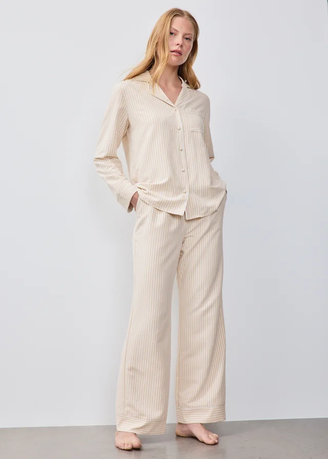 Beige Striped Button Up Pyjama Set