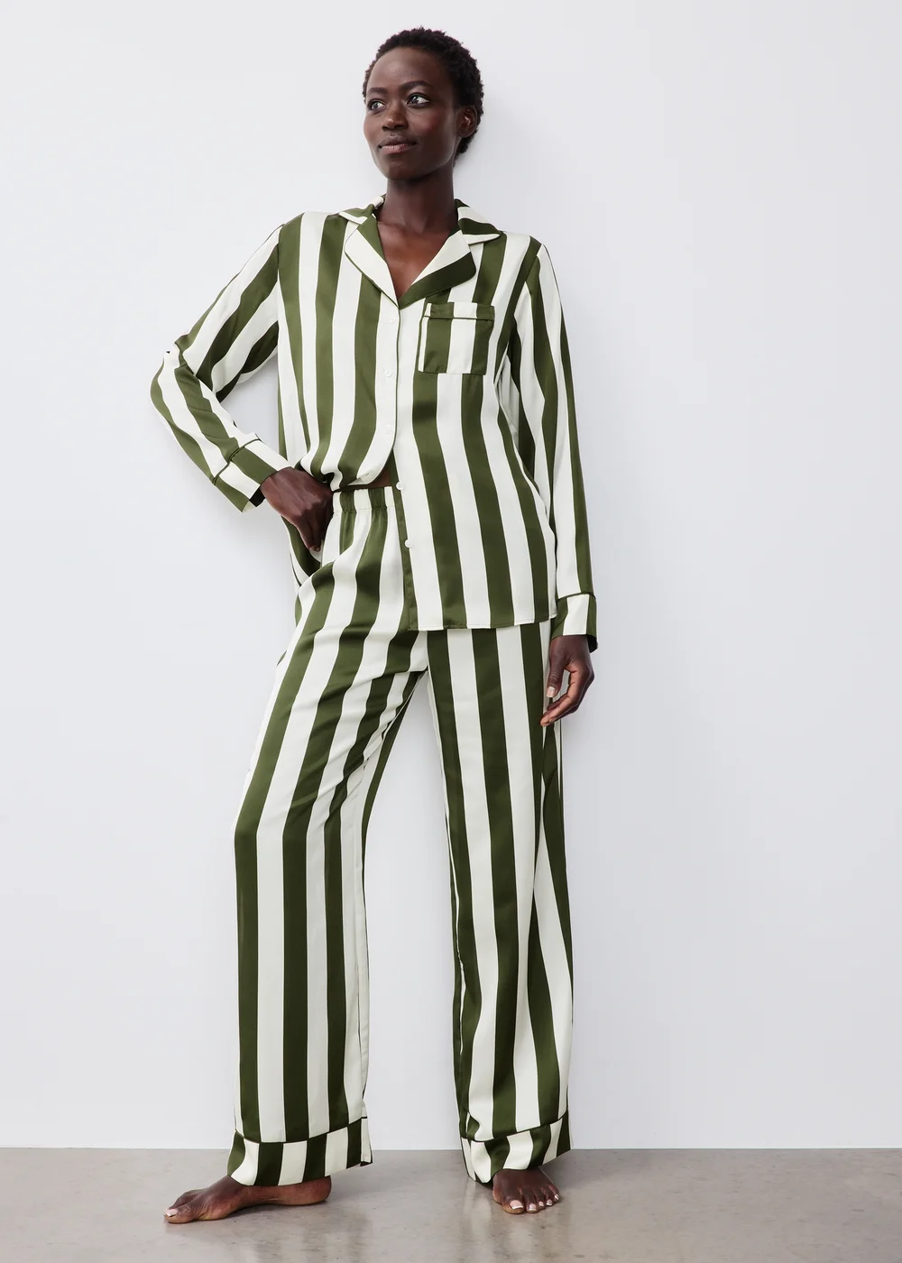 Green Striped Satin Traditional Pyjamas - 8 Image 1