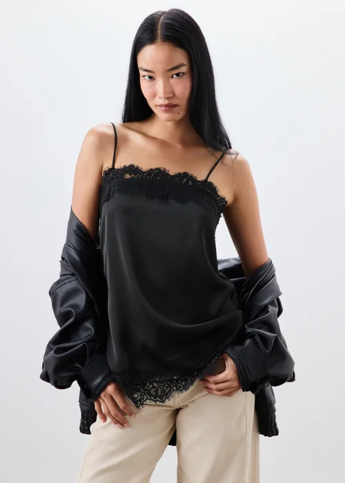 Black Satin Lace Trim Cami Top - 8 Image 1