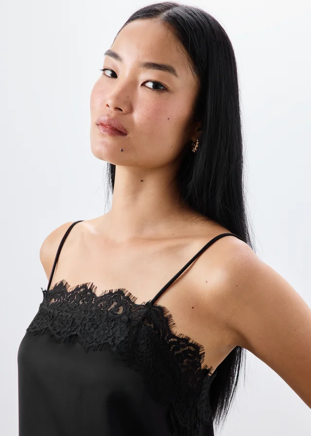 Black Satin Lace Trim Cami Top