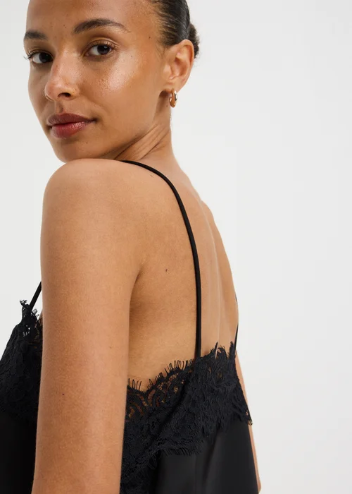 Black Satin Lace Trim Cami Top - 8 Image 3