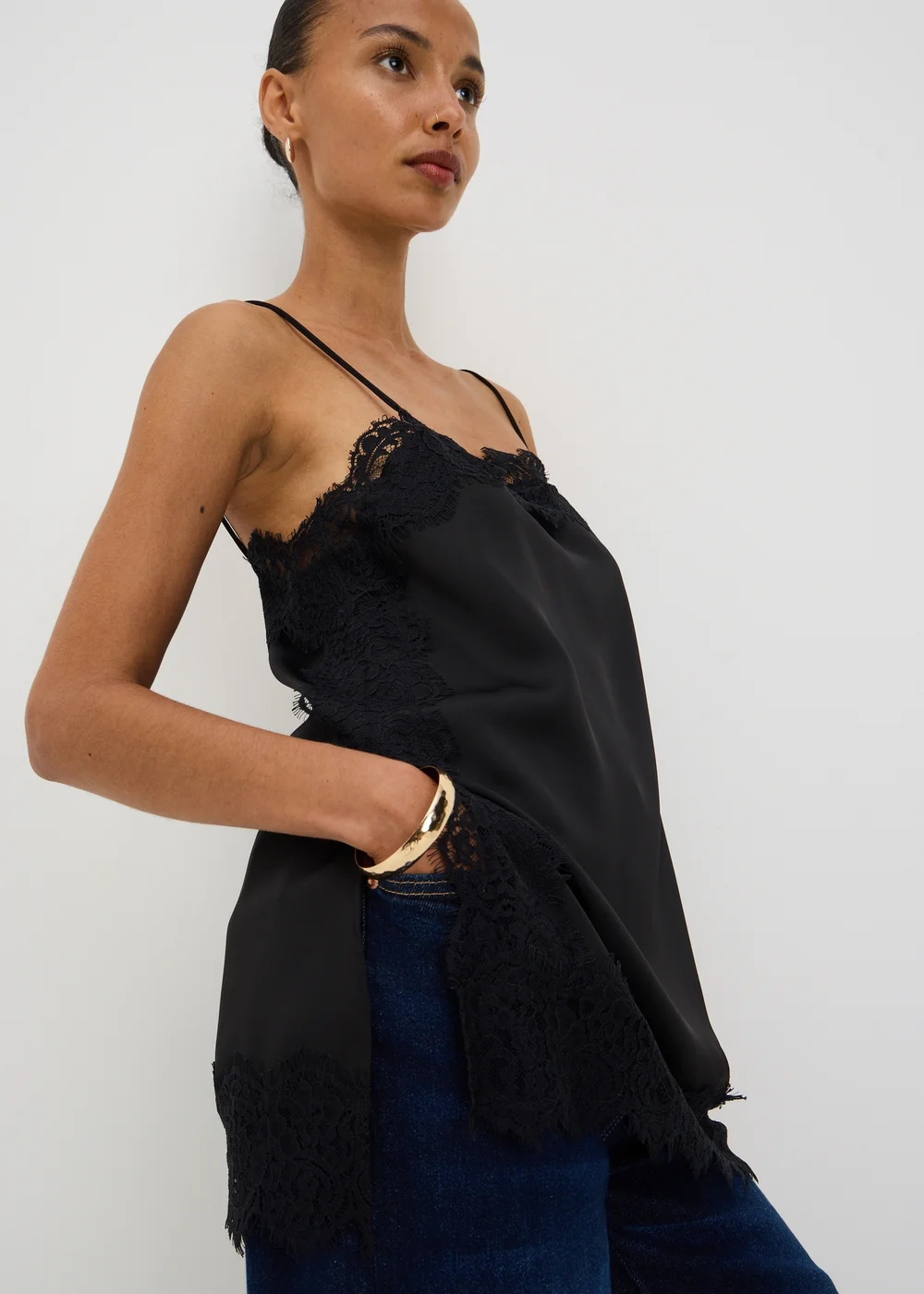 Black Satin Lace Trim Cami Top - 8 Image 2