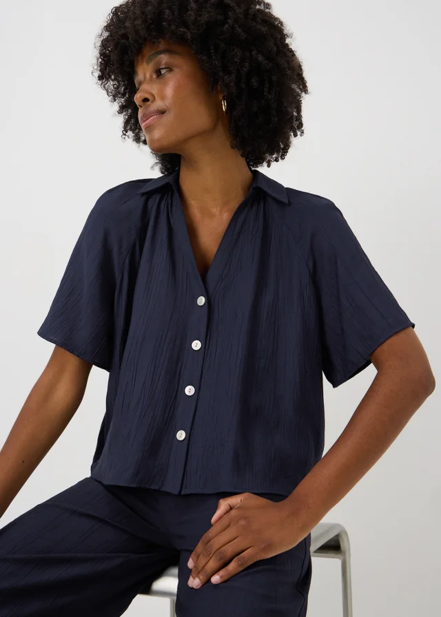 Navy Crinkle Textured Co Ord Shirt