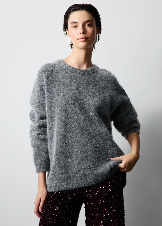 Grey Charcoal Alpaca Blend Fluffy Jumper