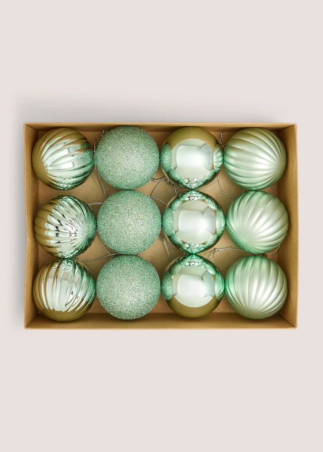 12 Pack Green Assorted Baubles