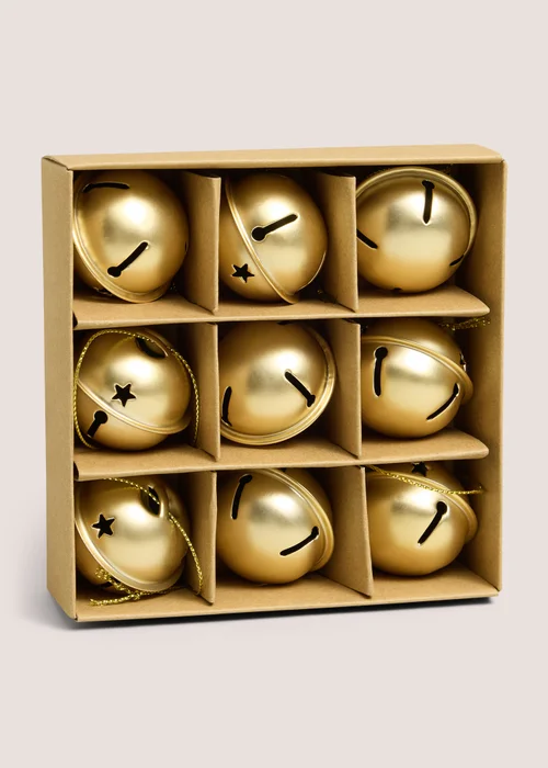 9 Pack Gold Bell Baubles Image 1