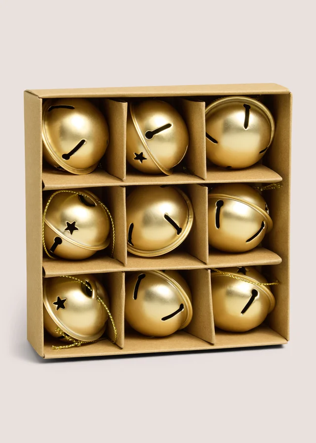 9 Pack Gold Bell Baubles
