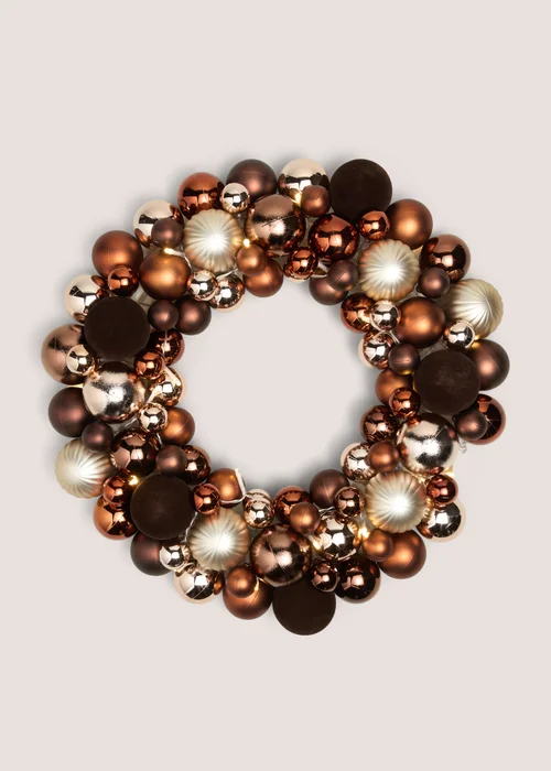 Brown Pre Lit Christmas Bauble Wreath Image 1