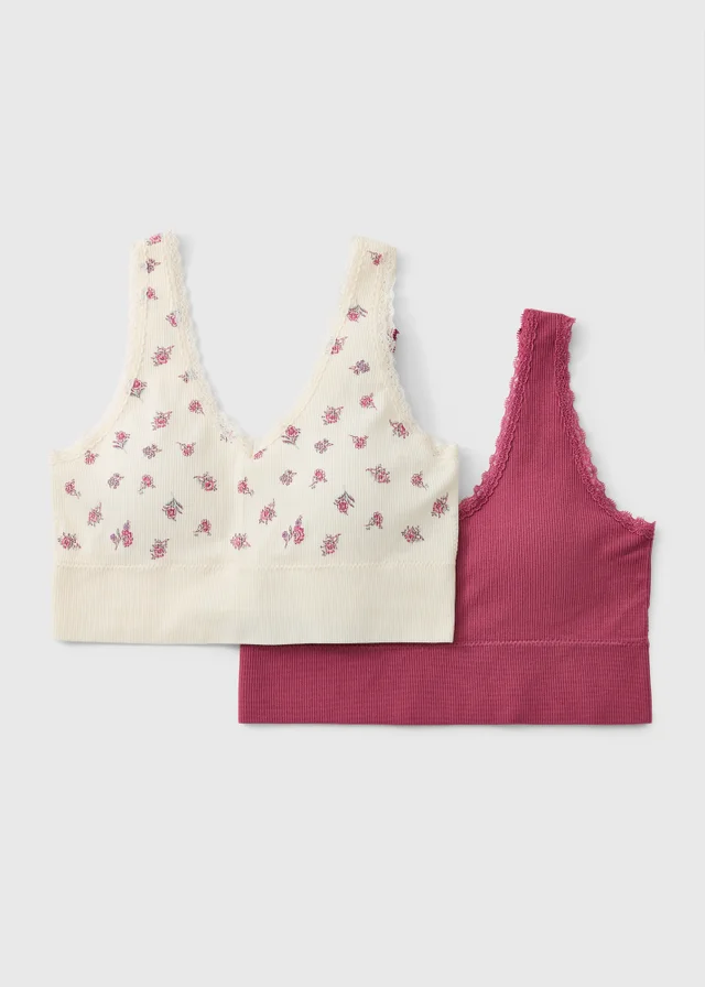 2 Pack Cream Floral Seam Free Ribbed Bralettes