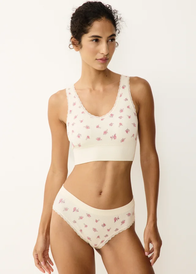 2 Pack Cream Floral Seam Free Ribbed Bralettes