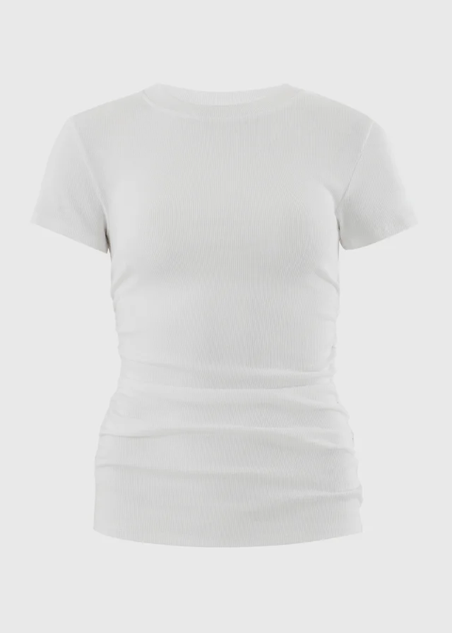 White Ruched Side Ribbed T-Shirt