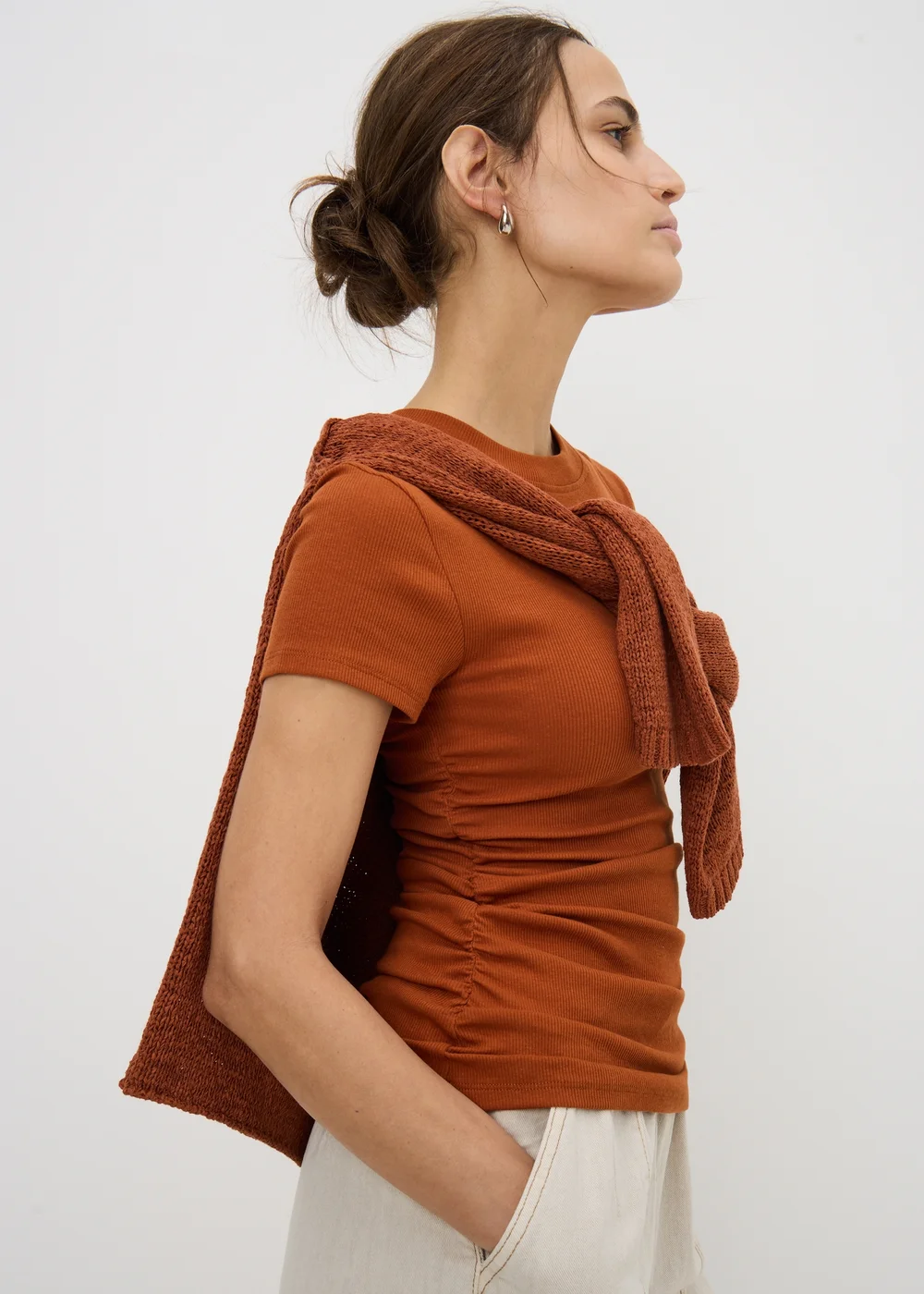 Terracotta Ruched Side Ribbed T-Shirt - 14 Image 2