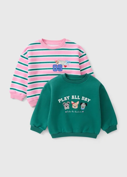 2 Pack Girls Green & Pink Dog Graphic Sweatshirts (1-8yrs) - 1-1.5 Yrs Image 1