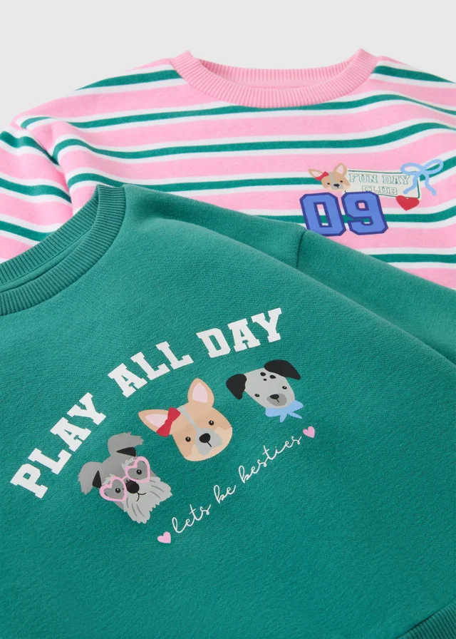 2 Pack Girls Green & Pink Dog Graphic Sweatshirts (1-8yrs)
