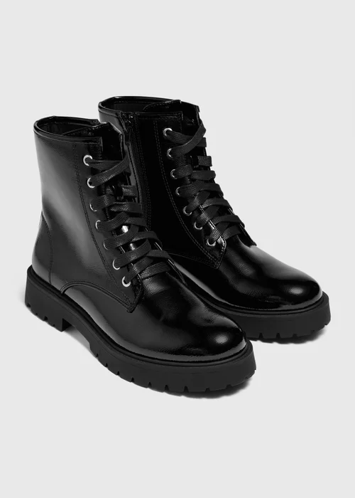 Black Patent Lace Up Biker Boots - 3 Image 1