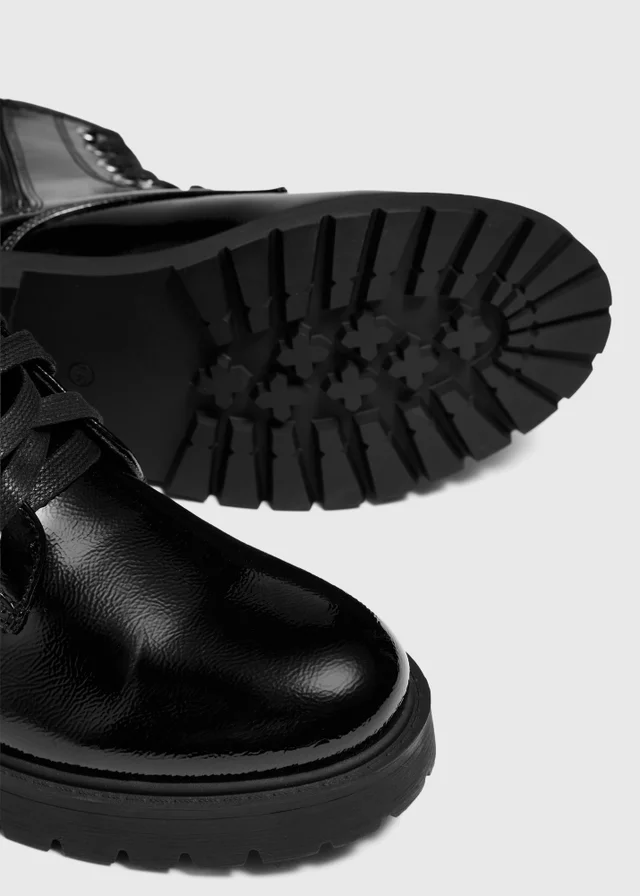 Black Patent Lace Up Biker Boots